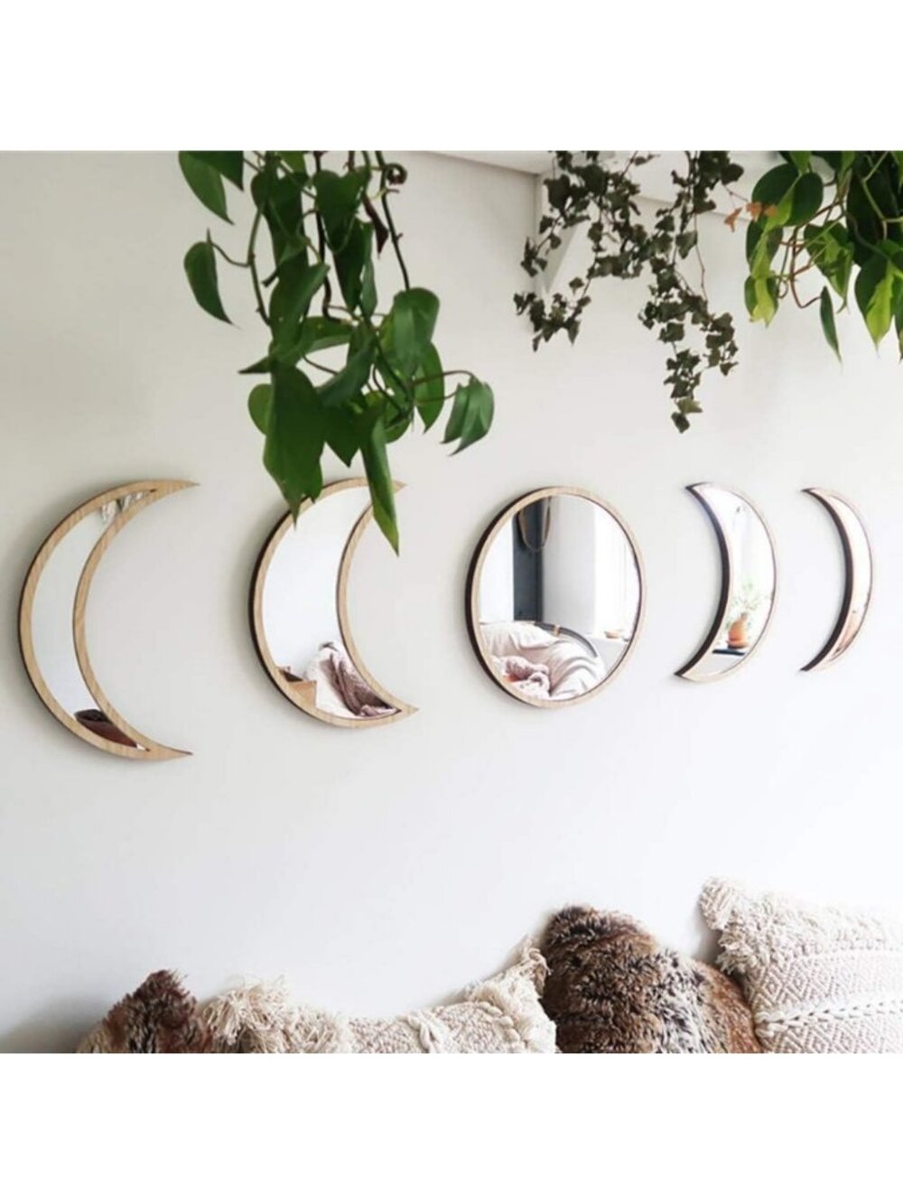 Bohemian 5-Piece Acrylic Wall Decor Set - Wooden Moon Phase Mirror for Living